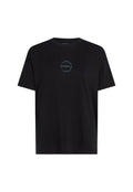 Schwarzes Baumwoll-T-Shirt mit kurzen Ärmeln und rundem Ausschnitt. Verfügt über ein blaues rundes Logo mit dem Text "O'NEILL" in der Mitte.