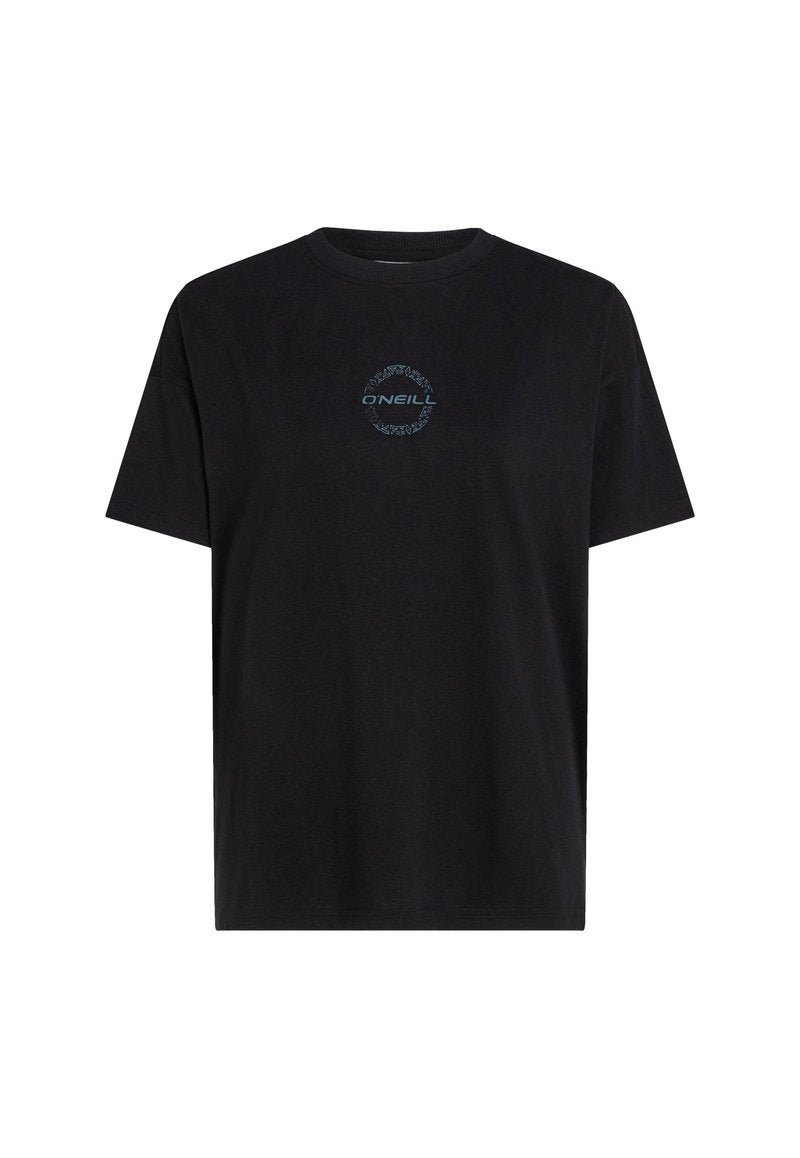 Schwarzes Baumwoll-T-Shirt mit kurzen Ärmeln und rundem Ausschnitt. Verfügt über ein blaues rundes Logo mit dem Text "O'NEILL" in der Mitte.