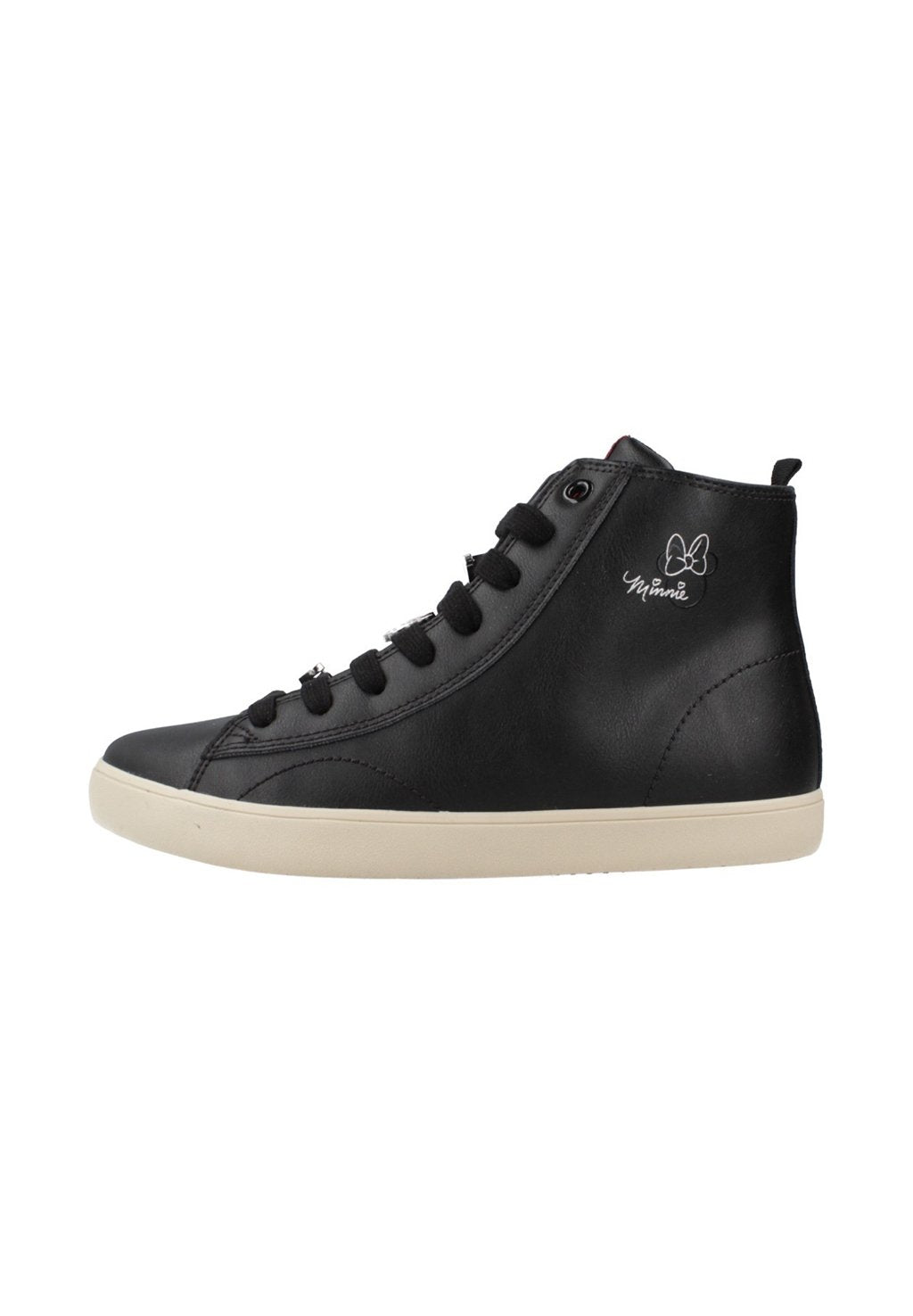 Schwarze high-top Sneakers aus Leder mit strukturiertem Finish, ausgestattet mit schwarzen Schnürsenkeln, einer cremefarbenen Gummisohle und einem dezenten Logodetail.
