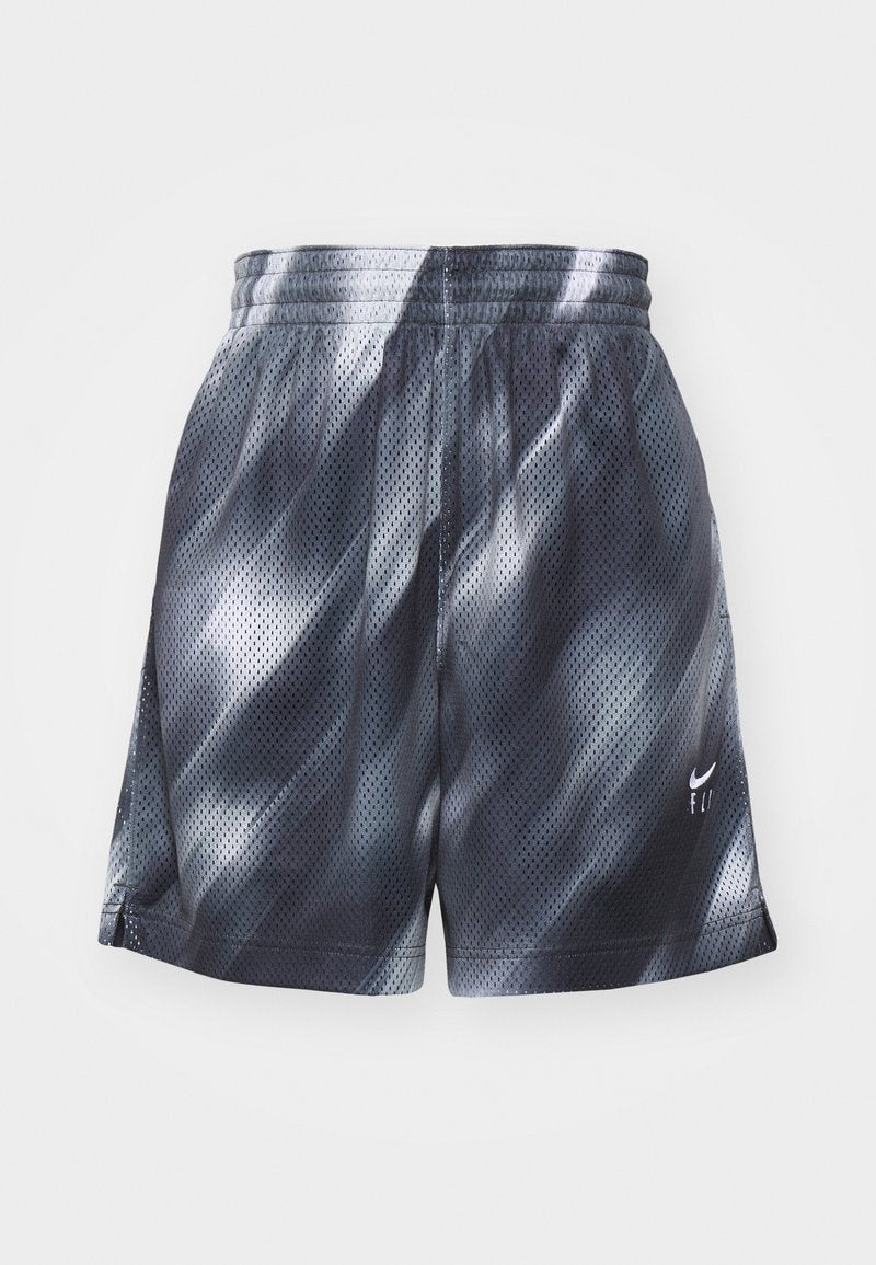 Sportliche Mesh-Shorts mit einem verlaufenden schwarz-grauen Muster, elastischem Bund und einem kleinen weißen Nike-Logo unten rechts.