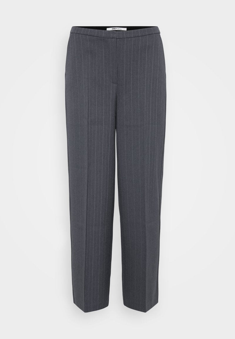 Dunkelgraue, taillierte Hose mit Nadelstreifen, geraden Beinen und hoher Taille, vor einem schlichten hellen Hintergrund präsentiert.
