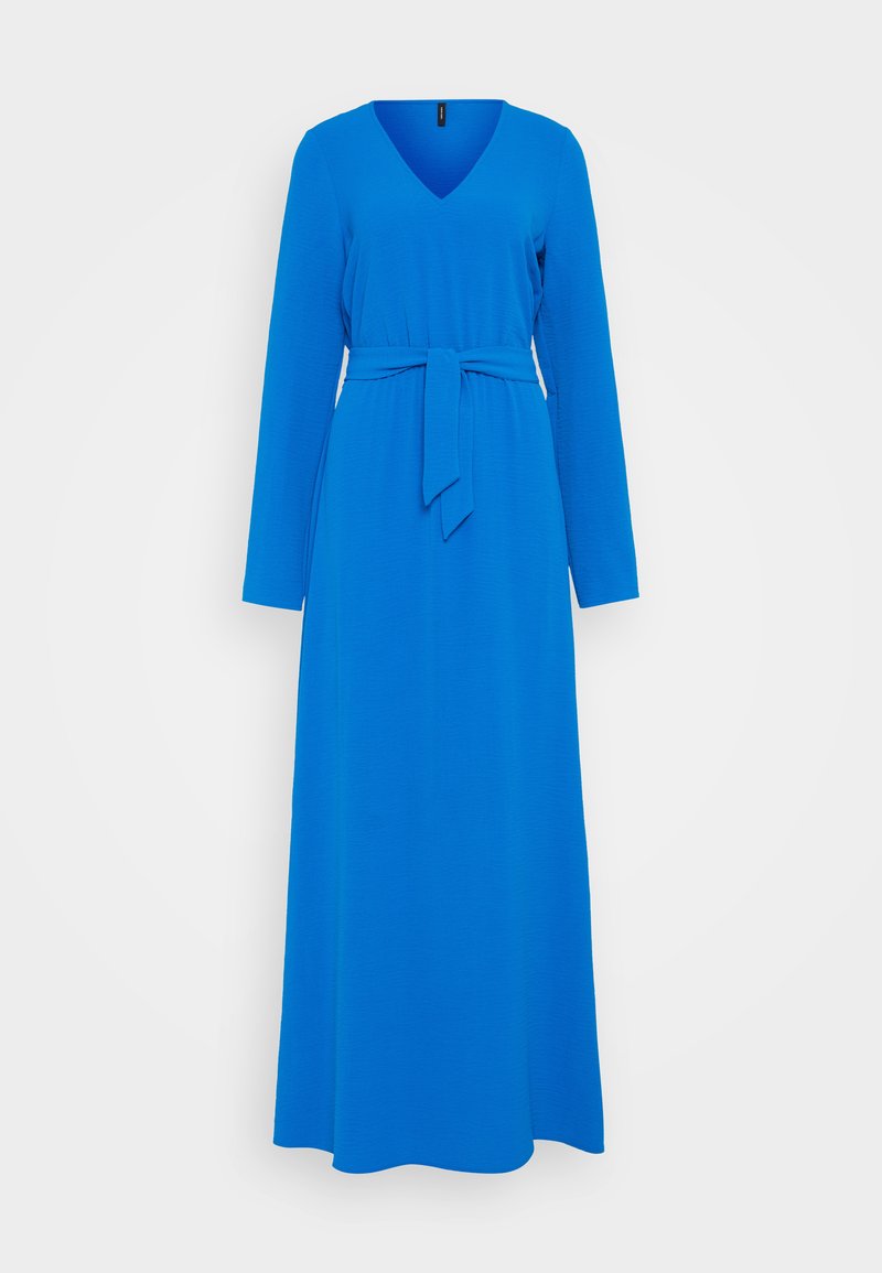 Langärmliges, V-Ausschnitt-Kleid aus leuchtend blauem Stoff mit strukturierter Verarbeitung, ausgestattet mit einem Taillengürtel und einem fließenden, knöchellangen Design.