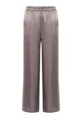 Lange, weit geschnittene Hosen aus einem weichen, glänzenden Mauve-Stoff mit einem elastischen Taillenbund und Kordelzug. Glatte Textur mit einem schwingenden Schnitt.