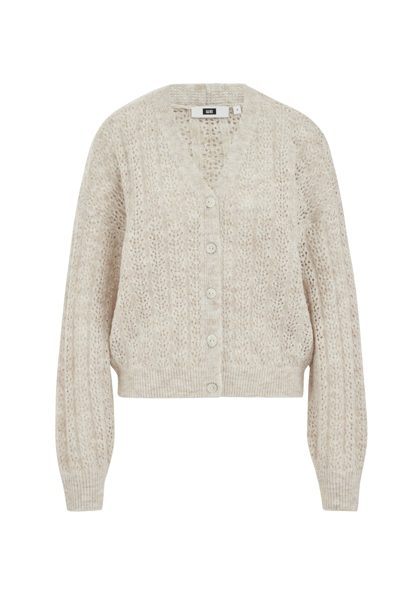 Helles beiges Strick-Cardigan mit V-Ausschnitt, knopfseitiger Vorderseite, verkürztem Design und gerippten Bündchen. Das strukturierte Muster sorgt für visuellen Reiz.
