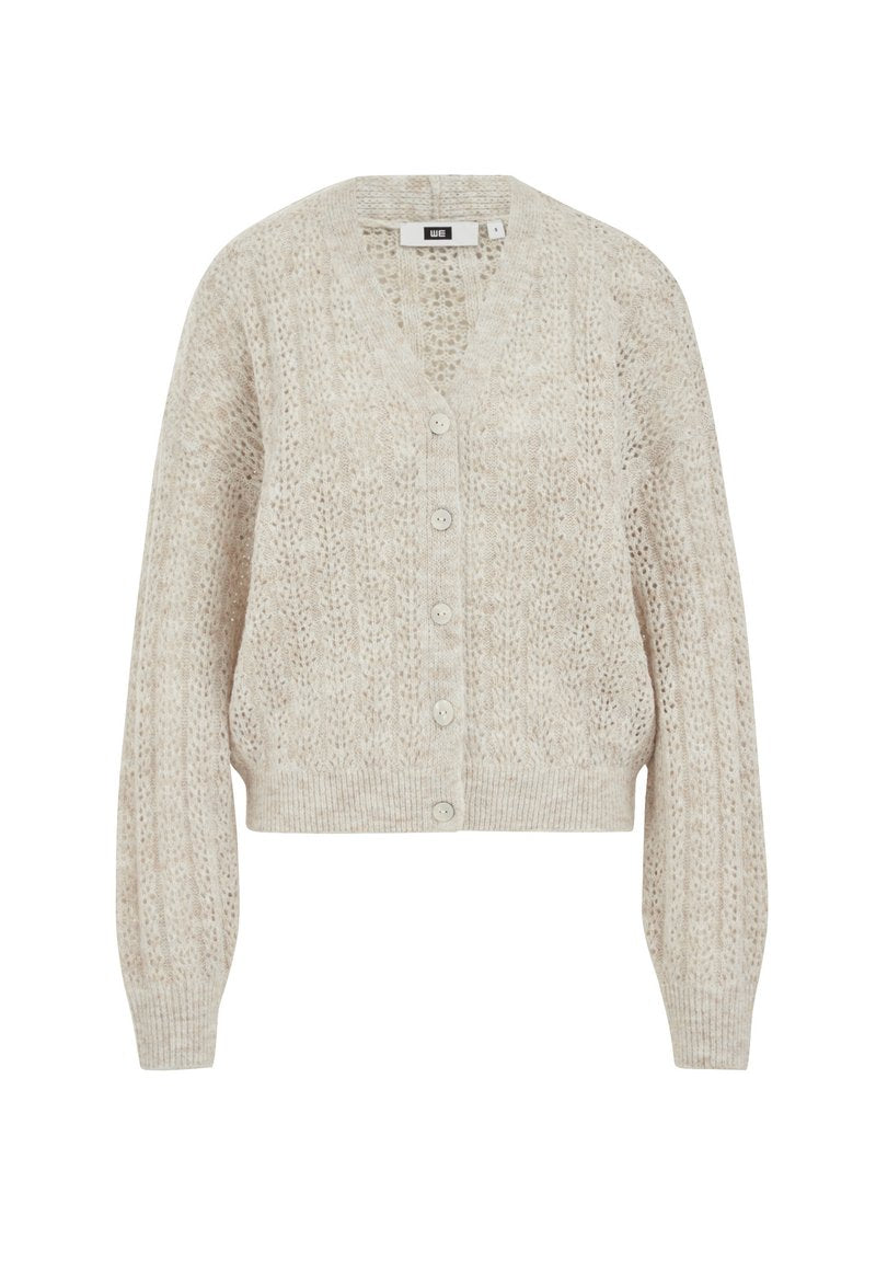 Helles beiges Strick-Cardigan mit V-Ausschnitt, knopfseitiger Vorderseite, verkürztem Design und gerippten Bündchen. Das strukturierte Muster sorgt für visuellen Reiz.