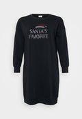 Schwarzes Baumwoll-Sweatkleid mit langen Ärmeln, ausgestattet mit einem Rundhalsausschnitt und dem Text "SANTAS LIEBLING" in Strasssteinen, ergänzt durch eine Grafik eines roten Huts.