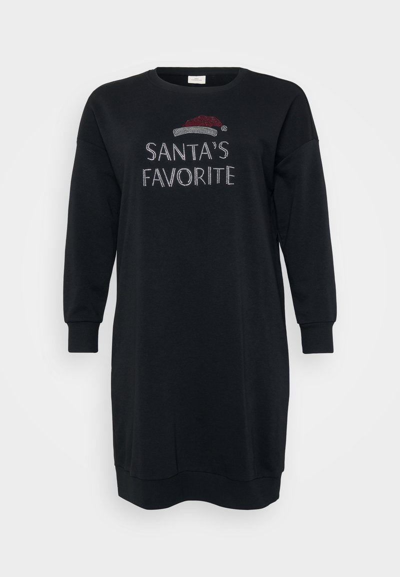 Schwarzes Baumwoll-Sweatkleid mit langen Ärmeln, ausgestattet mit einem Rundhalsausschnitt und dem Text "SANTAS LIEBLING" in Strasssteinen, ergänzt durch eine Grafik eines roten Huts.