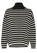 Schwarz-weißer gestreifter Pullover mit hohem Kragen, lockerer Passform, gerippten Bündchen und strukturierter Strickware. Besitzt ein Spalt-Hemdesign.