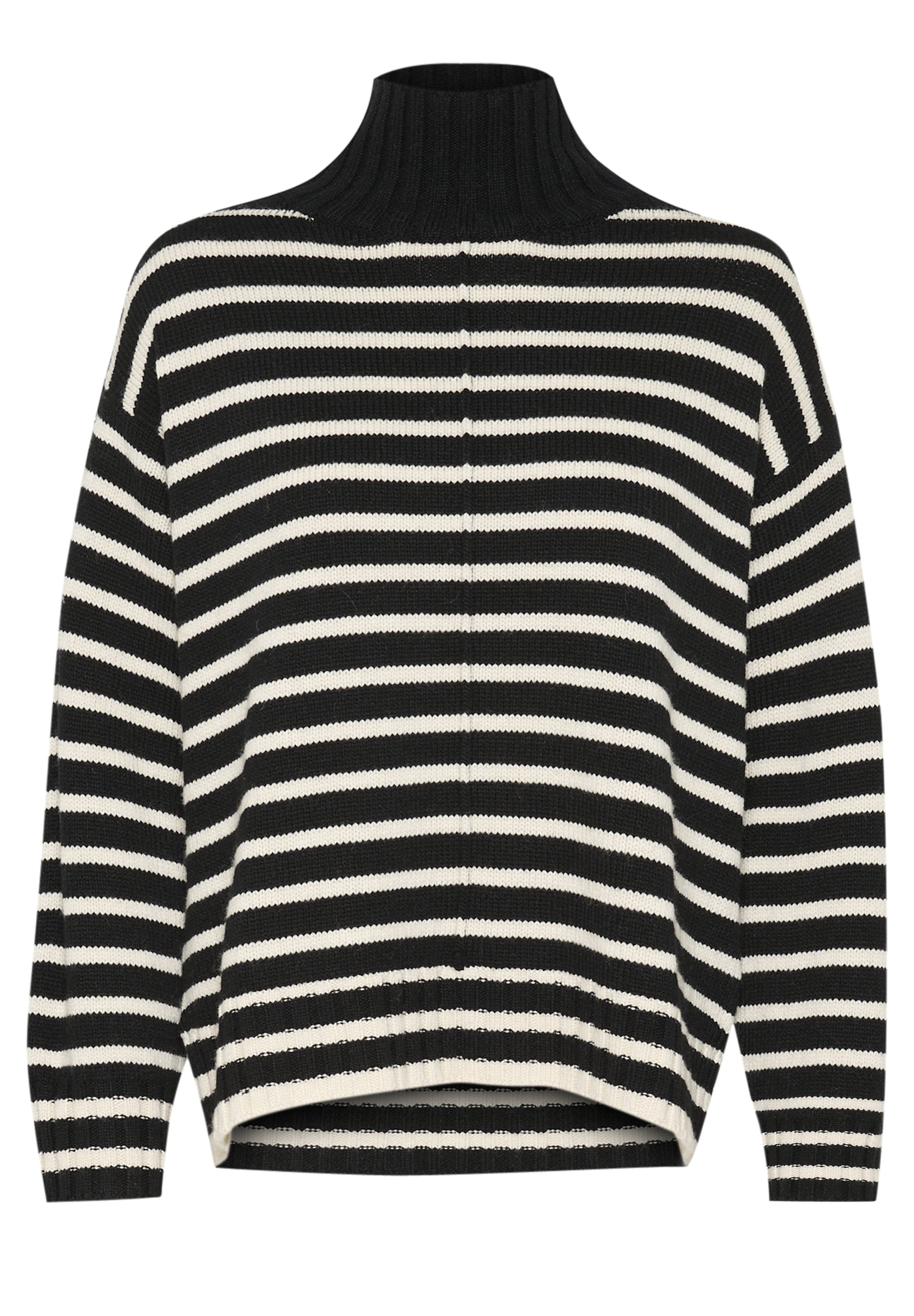 Schwarz-weißer gestreifter Pullover mit hohem Kragen, lockerer Passform, gerippten Bündchen und strukturierter Strickware. Besitzt ein Spalt-Hemdesign.