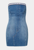 Helles blaues, trägerloses Jeanskleid mit taillierter Silhouette. Hat kontrastierende Nähte und ein markiertes elastisches Band an der Oberseite.