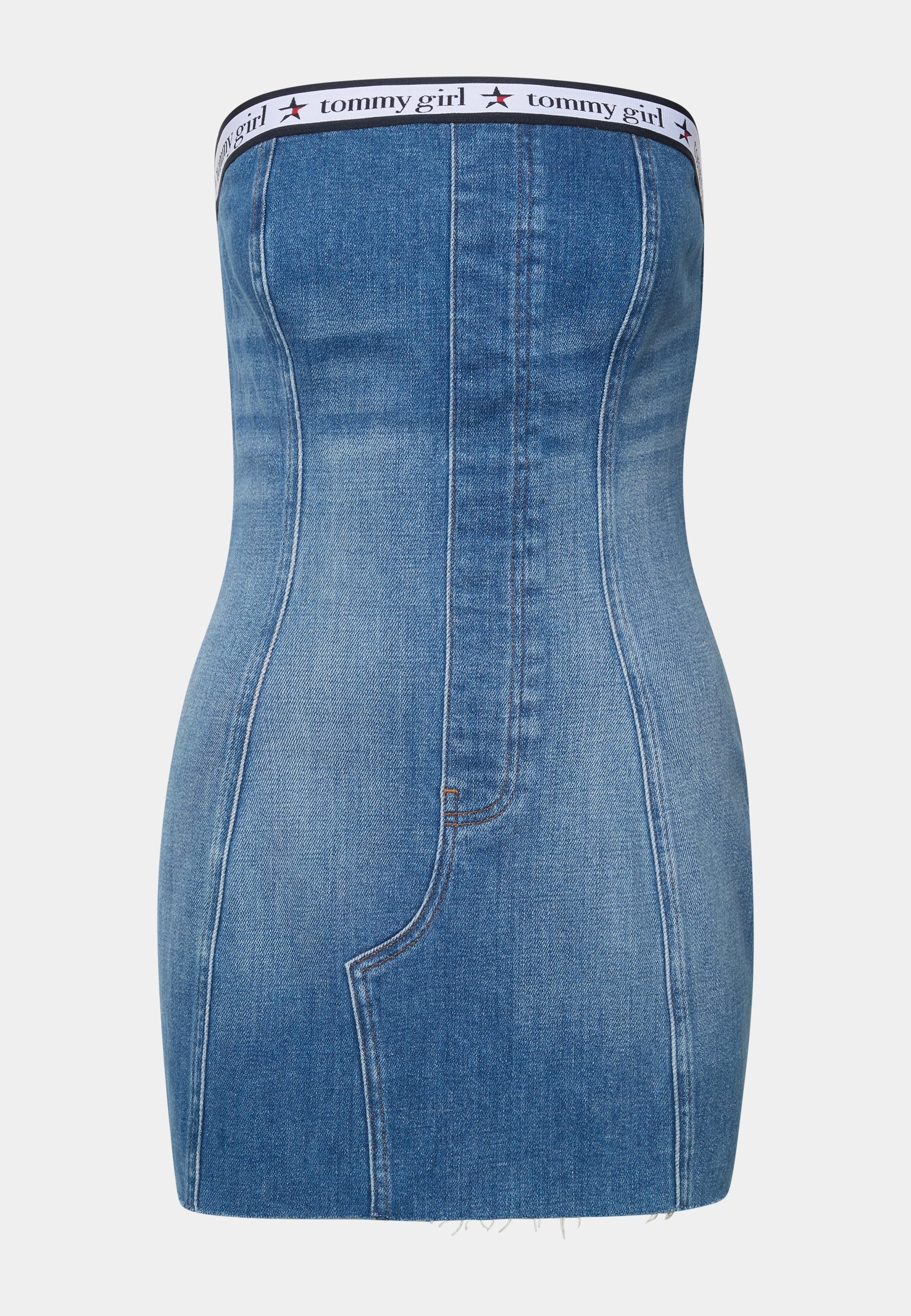 Helles blaues, trägerloses Jeanskleid mit taillierter Silhouette. Hat kontrastierende Nähte und ein markiertes elastisches Band an der Oberseite.