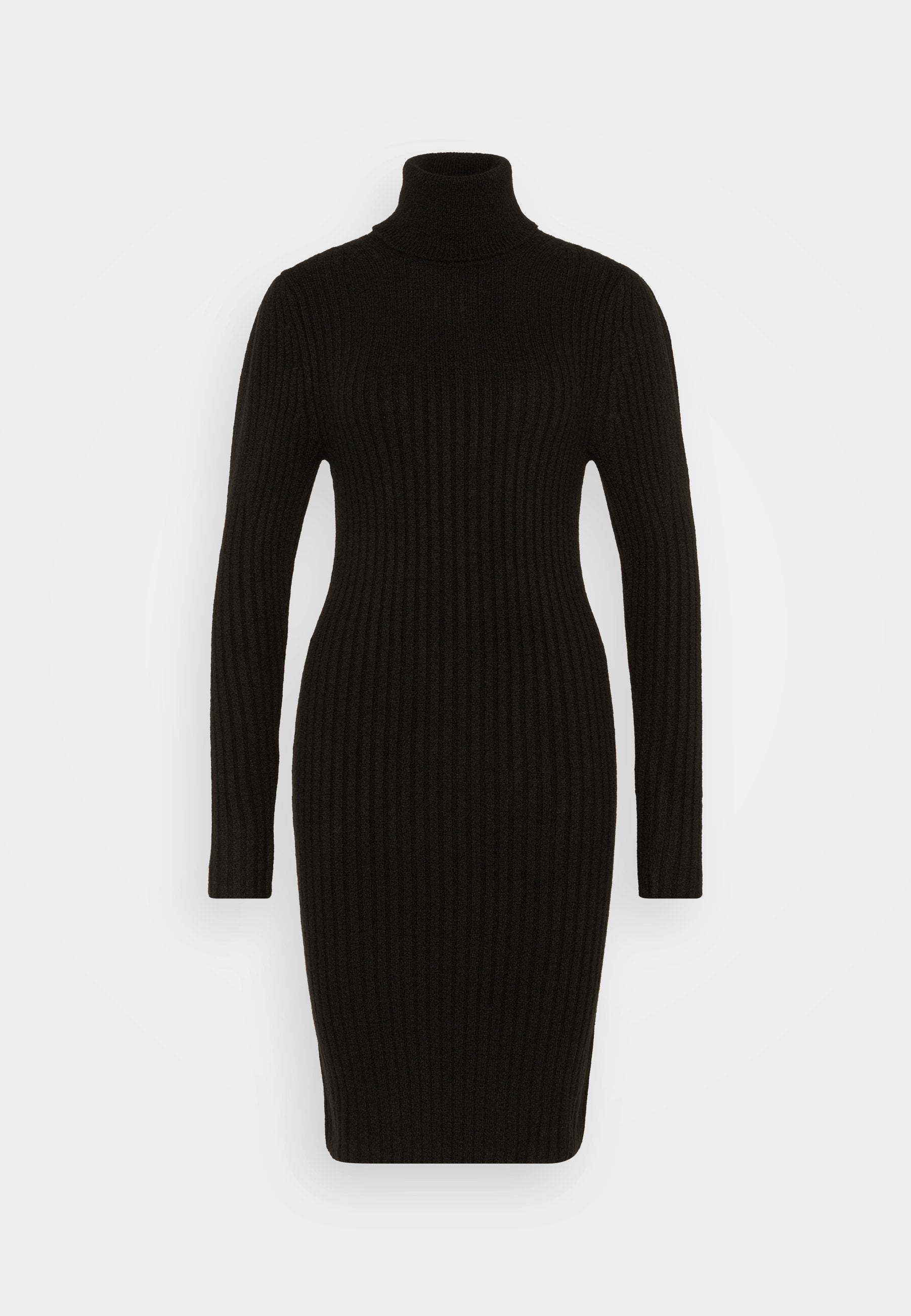 Schwarzes, geripptes Strickkleid mit hohem Rollkragen, langen Ärmeln und figurbetonter Silhouette. Geschmeidige Textur und knielanges Design.