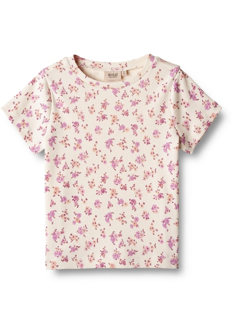 Kurzarm-T-Shirt aus cremefarbener Stoff mit floralem Muster in rosa und lila. Rundhalsausschnitt, weiche Textur und gerade geschnitten.
