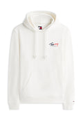 Weißer Kapuzenpullover mit Fronttasche, Kordelzug an der Kapuze und kleinem "Tommy Jeans"-Logo in Rot und Blau auf Brust und Handgelenk.