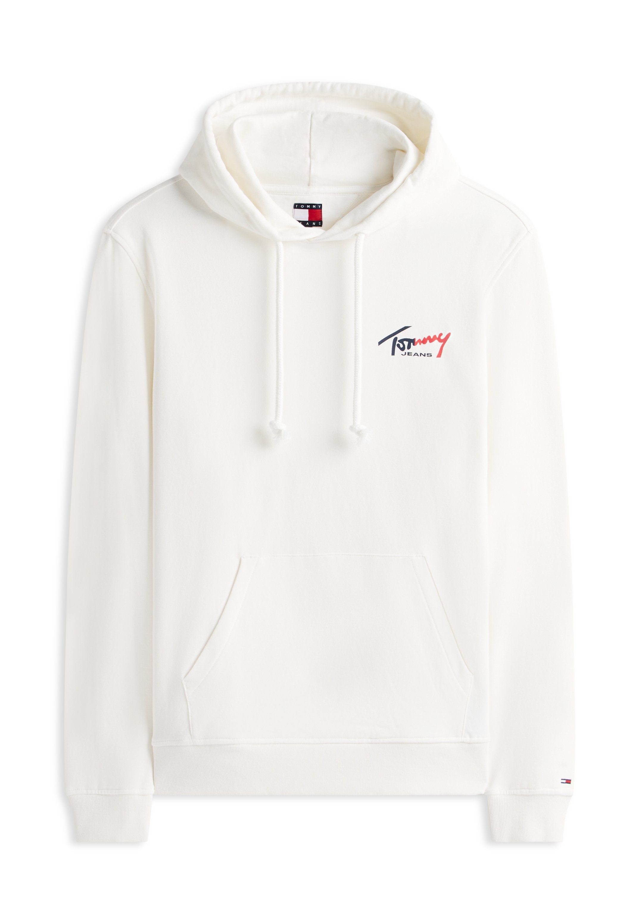 Weißer Kapuzenpullover mit Fronttasche, Kordelzug an der Kapuze und kleinem "Tommy Jeans"-Logo in Rot und Blau auf Brust und Handgelenk.