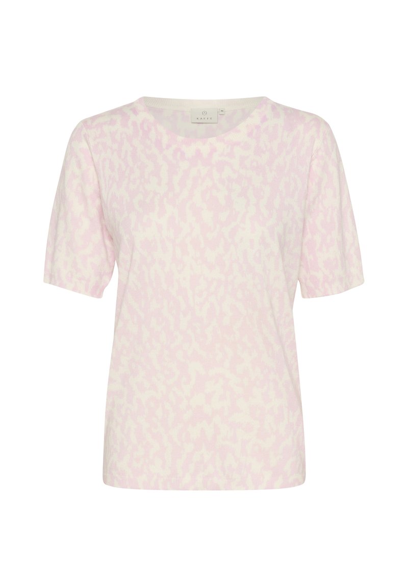 Kurzärmliges T-Shirt in zartem Rosa mit einem dezenten cremefarbenen abstrakten Muster, rundem Ausschnitt und weichem Stoffgefühl. Markenetikett am Hals sichtbar.