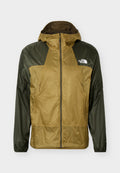 Zweifarbige Herren-Windjacke mit Kapuze in Olivgrün und Beige, mit Frontreißverschluss und The North Face-Logo auf der Brust.