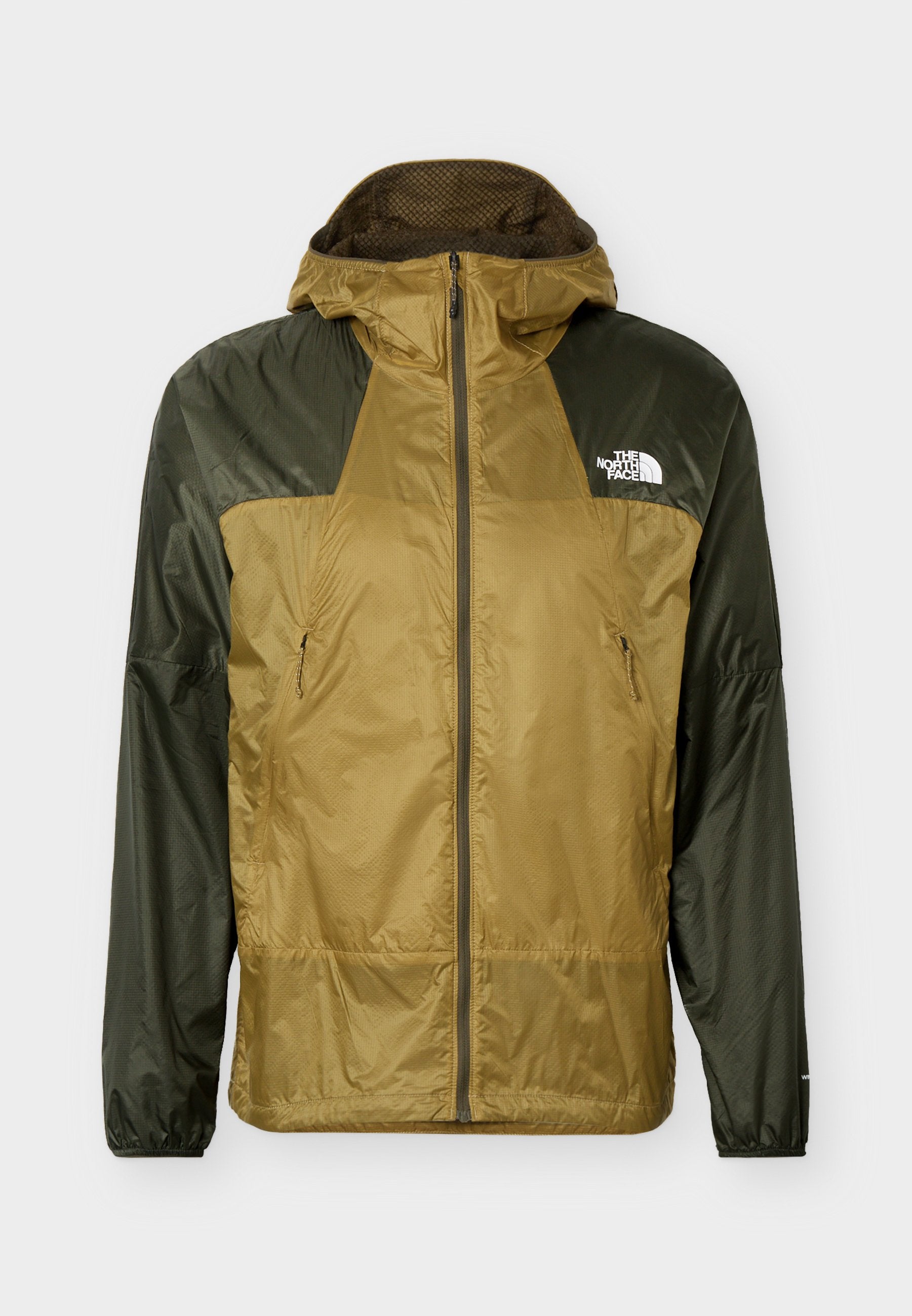 Zweifarbige Herren-Windjacke mit Kapuze in Olivgrün und Beige, mit Frontreißverschluss und The North Face-Logo auf der Brust.