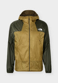 Zweifarbige Herren-Windjacke mit Kapuze in Olivgrün und Beige, mit Frontreißverschluss und The North Face-Logo auf der Brust.