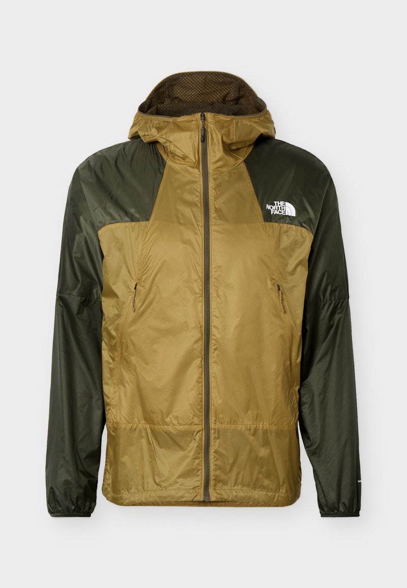 Zweifarbige Herren-Windjacke mit Kapuze in Olivgrün und Beige, mit Frontreißverschluss und The North Face-Logo auf der Brust.