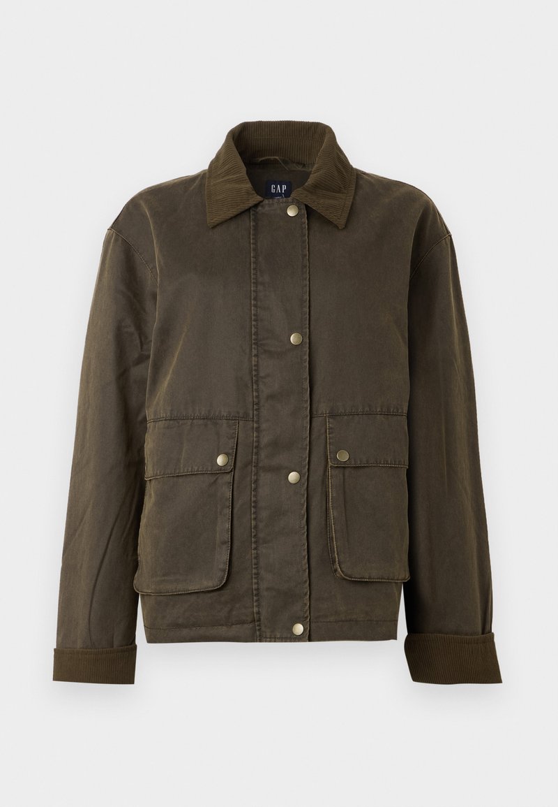 Dunkelolivgrüne Jacke mit Cordkragen und -manschetten, vorderen Druckknöpfen und zwei großen Klappentaschen.