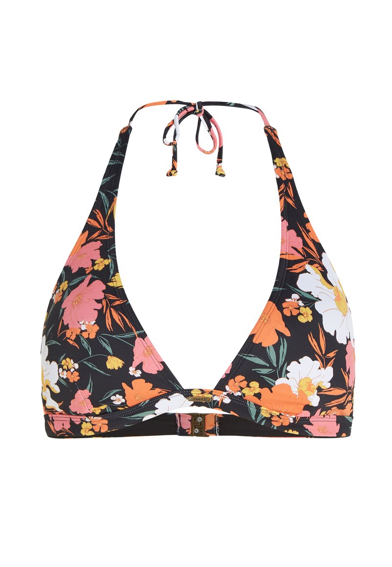 Blumiges Bikini-Oberteil mit schwarzem Hintergrund und orangefarbenen, pinken und weißen Blumen. Dreieckiges Design mit verstellbaren Trägern und einem Clipverschluss.