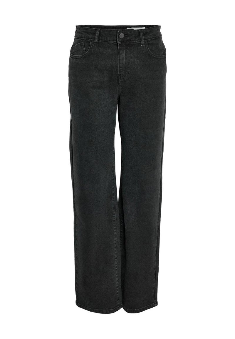 Schwarze high-waist Straight-Leg-Jeans mit Frontknopf, Gürtelschlaufen und zwei Fronttaschen auf einem weißen Hintergrund.