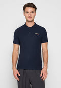 Dunkelblaues Poloshirt aus Baumwolle, mit klassischem Kragen, Drei-Knopf-Leiste und gesticktem Logo auf der Brust.