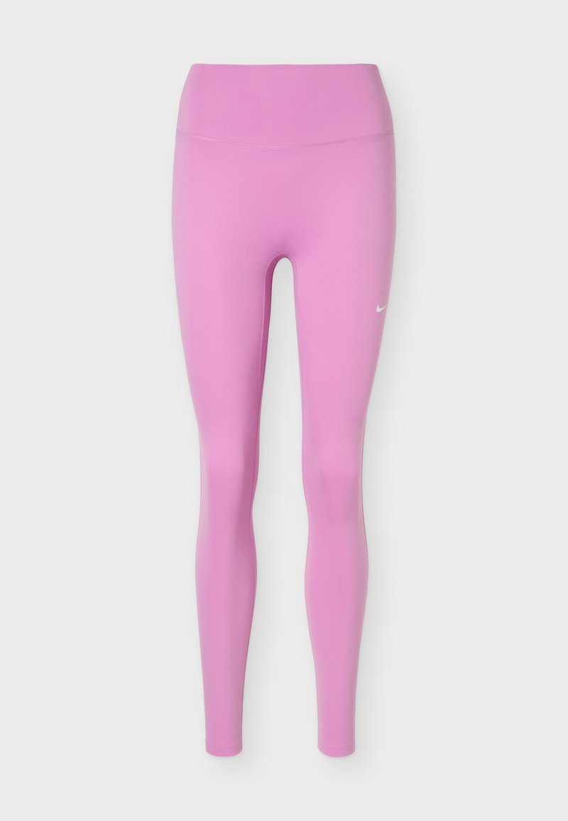 High-Waist, lange pinke Leggings mit kleinem Nike-Logo am rechten Oberschenkel, vor einem schlichten weißen Hintergrund dargestellt.