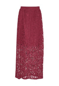 Bordeauxroter Maxi-Rock aus Spitze mit floralem Muster, mit elastischem Bund und durchsichtigem Design, hergestellt aus leichtem Stoff.