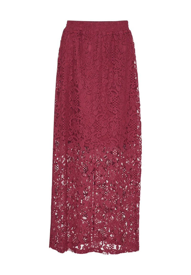Bordeauxroter Maxi-Rock aus Spitze mit floralem Muster, mit elastischem Bund und durchsichtigem Design, hergestellt aus leichtem Stoff.