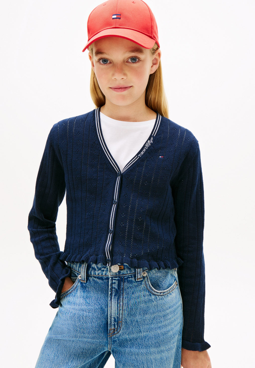 POINTELLE RUFFLE TRIM V-NECK CARDIGAN Media 3
