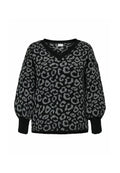 Schwarzer und grauer gestrickter Pullover mit V-Ausschnitt, ausgestattet mit einem Leopardenmuster und Puffärmeln, abgerundet mit gerippten Bündchen.