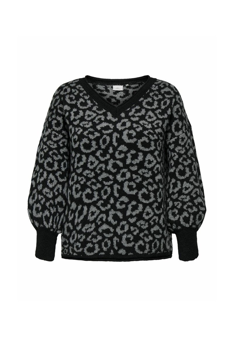 Schwarzer und grauer gestrickter Pullover mit V-Ausschnitt, ausgestattet mit einem Leopardenmuster und Puffärmeln, abgerundet mit gerippten Bündchen.