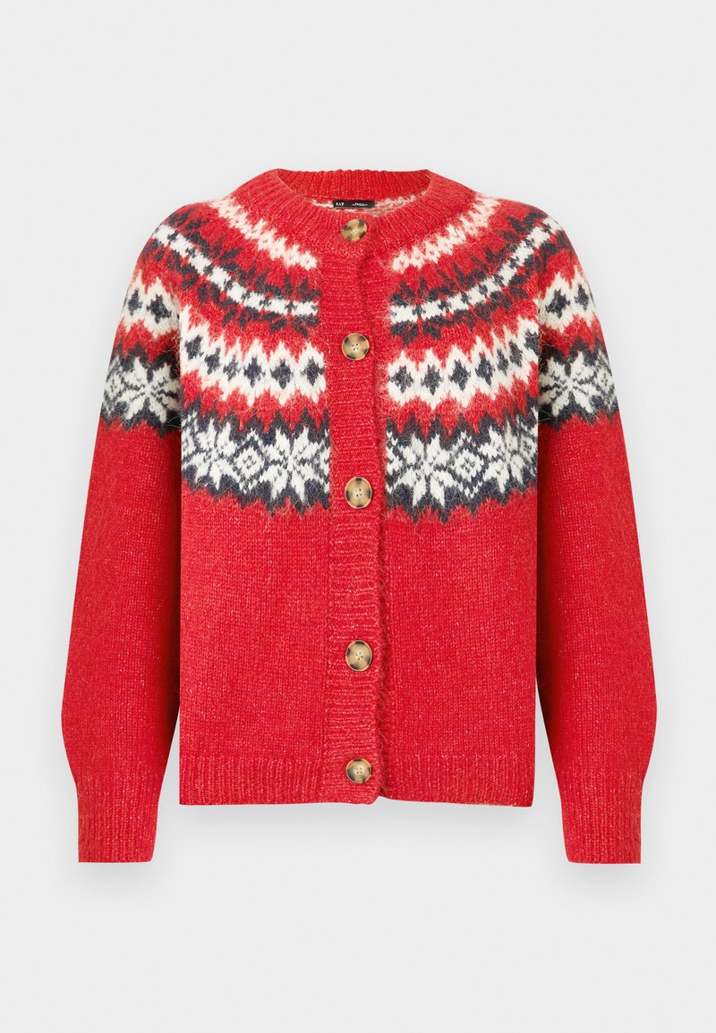 Roter Wollcardigan mit einem gemusterten Joch in Weiß, Schwarz und Dunkelrot, vier Messingknöpfen und gerippten Bündchen. Weiche Textur, lockere Passform.