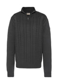 Dunkelgrauer Pullover mit Zopfmuster, Viertel-Reißverschluss am Kragen, gerippten Bündchen und Saum. Hergestellt aus strukturiertem Stoff mit klassischem Design.