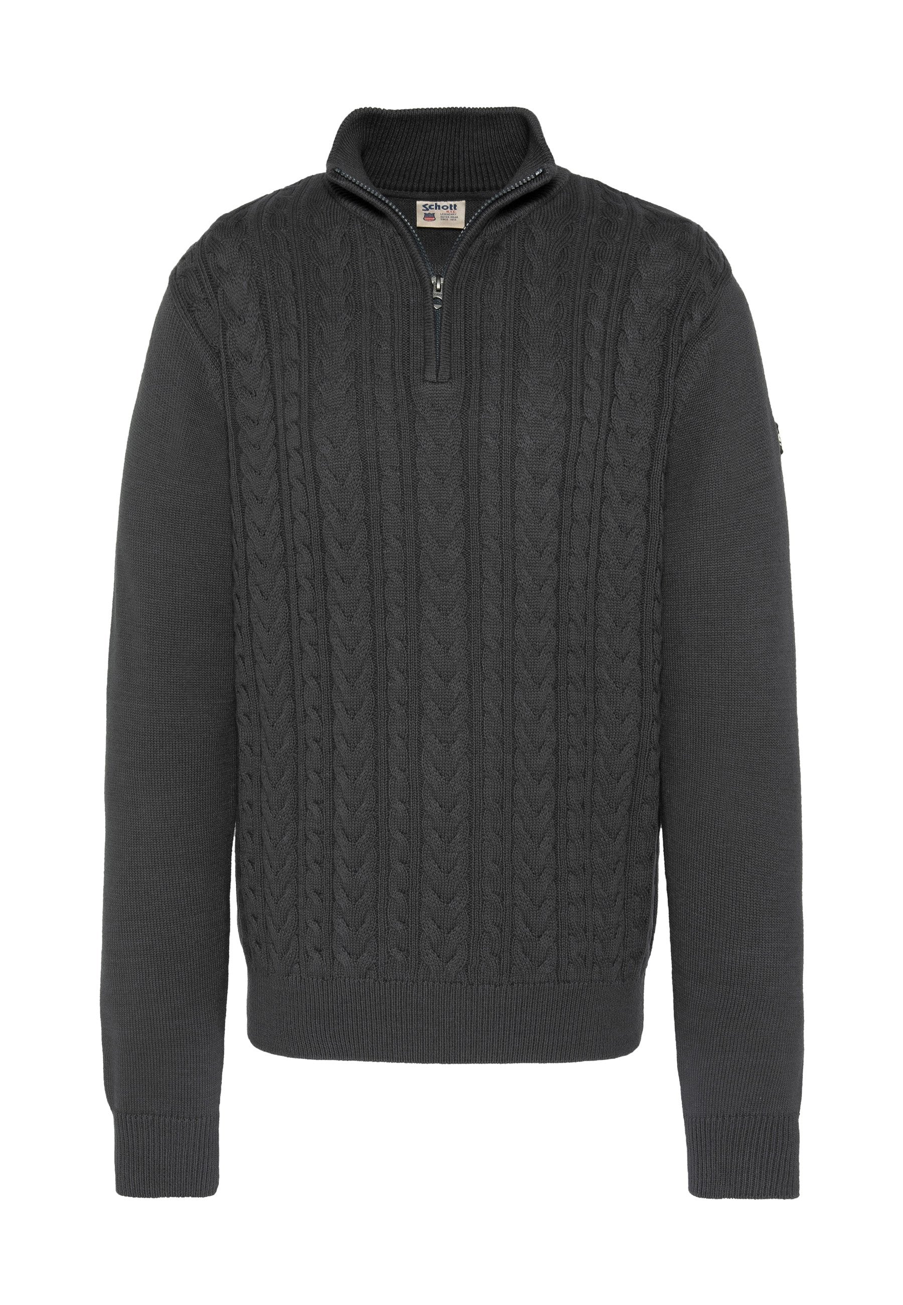 Dunkelgrauer Pullover mit Zopfmuster, Viertel-Reißverschluss am Kragen, gerippten Bündchen und Saum. Hergestellt aus strukturiertem Stoff mit klassischem Design.