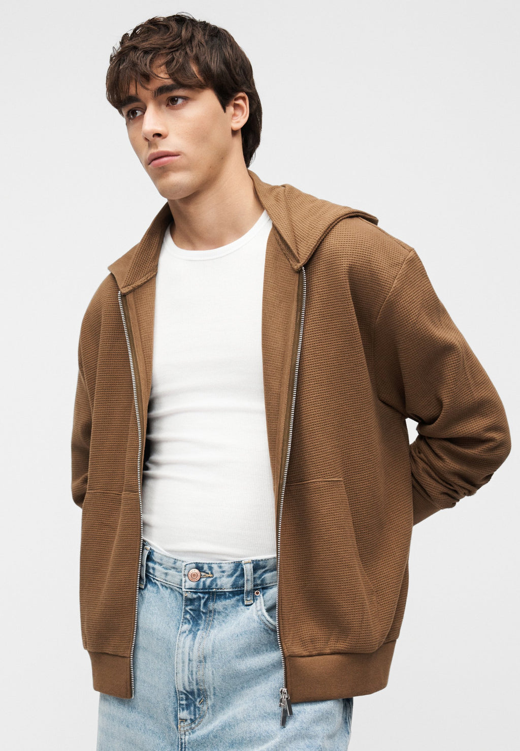 YOURTURN UNISEX WAFFLE RELAXED FIT ZIP-UP HOODIE