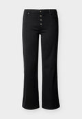 Schwarze High-Waist-Hosen mit geradem Bein, vier sichtbaren vorderen Knöpfen sowie Taschen vorne und hinten auf hellgrauem Hintergrund.