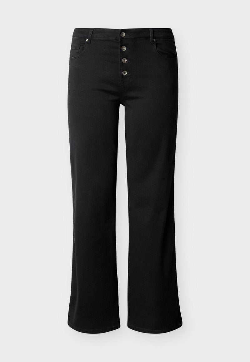 Schwarze High-Waist-Hosen mit geradem Bein, vier sichtbaren vorderen Knöpfen sowie Taschen vorne und hinten auf hellgrauem Hintergrund.