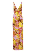 Maxikleid im floralen Muster; pinker Grundton mit gelben und braunen Akzenten; V-Ausschnitt und schmale Träger; figurbetonte Silhouette; glattes Material.