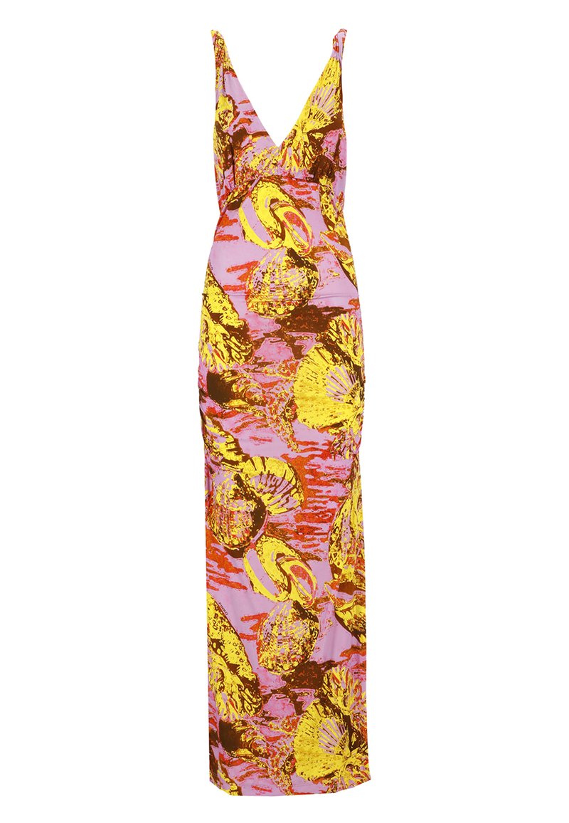 Maxikleid im floralen Muster; pinker Grundton mit gelben und braunen Akzenten; V-Ausschnitt und schmale Träger; figurbetonte Silhouette; glattes Material.
