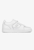 Weiße Leder-Sneaker mit runder Spitze, Schnürung an der Vorderseite, seitlichem Logodetail und strukturiertem Gummisohle. Einfaches, elegantes Design mit minimalen Akzenten.