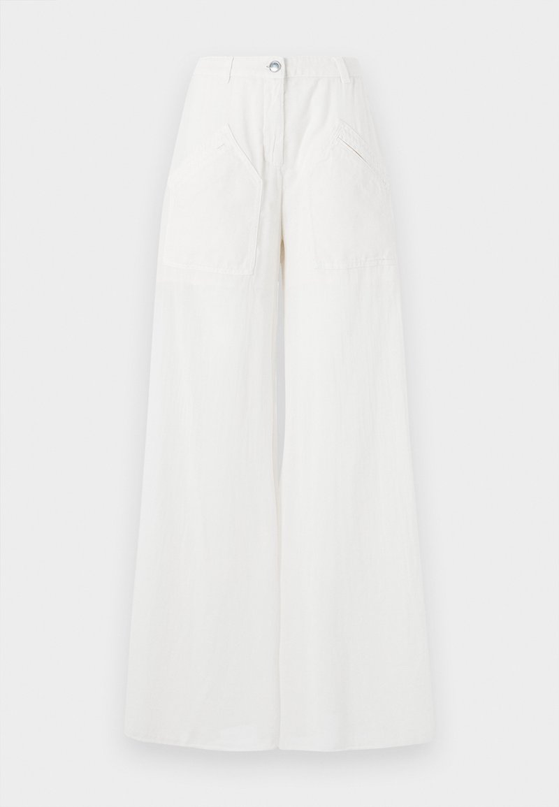 Weißes Leinen-Breitbein-Hosen mit hoher Taille, großen Fronttaschen und einem einzelnen Knopfverschluss. Weiche Textur mit lockerer Passform.