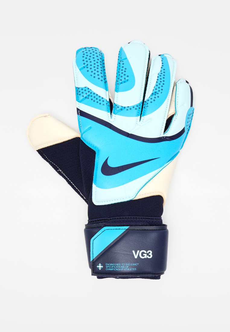 Nike-Torwart-Handschuhe mit blauem, schwarzem und cremefarbenem Design. Sie verfügen über eine strukturierte Griffoberfläche, gepolsterte Finger und einen sicheren Handgelenksriemen mit der Aufschrift "VG3".