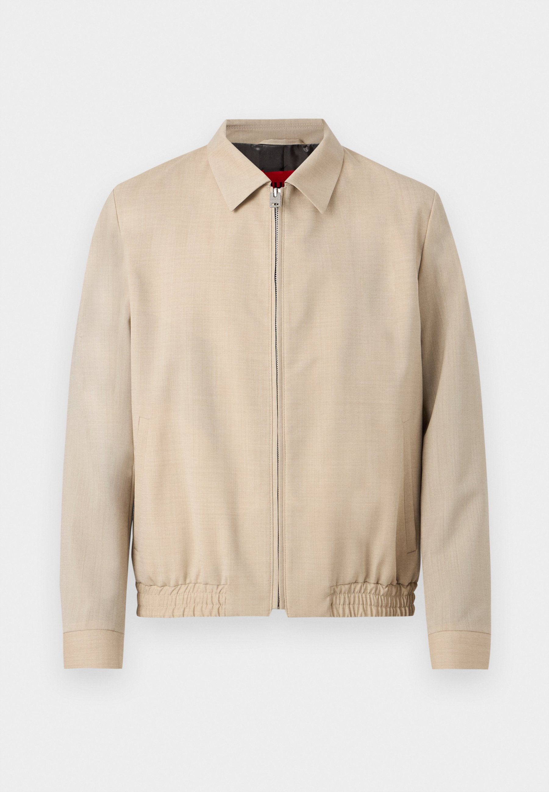 Beige Herren-Leichtjacke mit Frontreißverschluss, spitzem Kragen, langen Ärmeln, elastischem Saum und Seitentaschen.