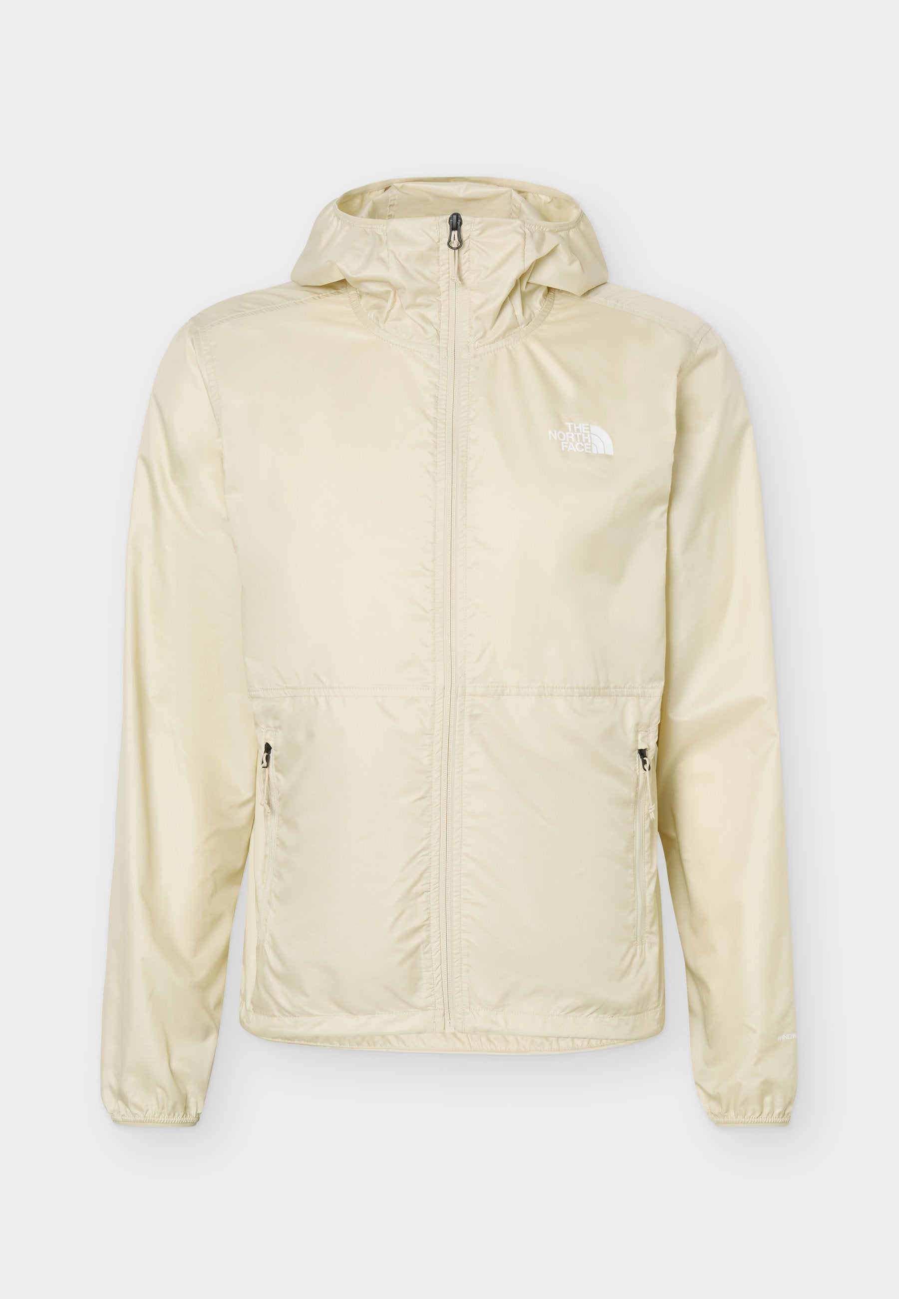 Hellbeige Kapuzenjacke mit durchgehendem Frontreißverschluss, seitlichen Reißverschlusstaschen, elastischen Bündchen und The North Face-Logo auf der Brust.