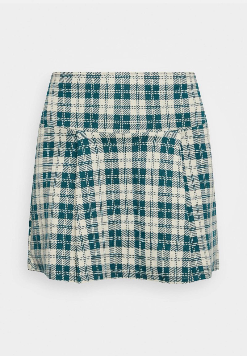 Karierten Rock in Creme und Türkis mit Falten, einem taillierten Bund und einem leichten Stoff. Auffälliges Karomuster über das gesamte Design.