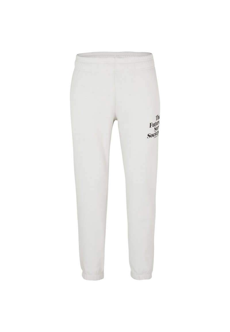 Weiße Baumwoll-Sweatpants mit elastischem Bund und Bündchen an den Knöcheln. Auf der Seite ist in Schwarz ein Text aufgedruckt: "Die Zukunftsgesellschaft."