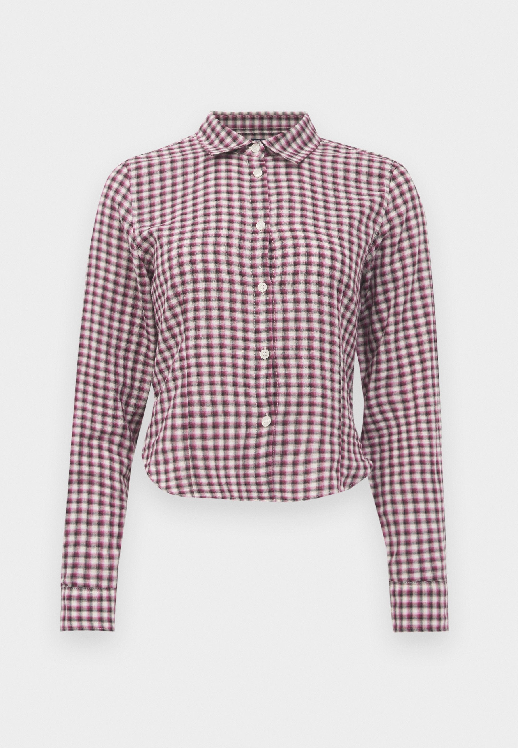 Langärmliges Hemd mit Knopfleiste im rosa-lila karierten Muster. Mit Kragen, abgerundetem Saum und weicher Stofftextur.
